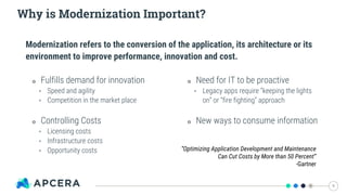 Why is Modernization Important?
5
๏ Fulfills demand for innovation
‣ Speed and agility
‣ Competition in the market place
๏ Controlling Costs
‣ Licensing costs
‣ Infrastructure costs
‣ Opportunity costs
๏ Need for IT to be proactive
‣ Legacy apps require “keeping the lights
on” or “fire fighting” approach
๏ New ways to consume information
“Optimizing Application Development and Maintenance
Can Cut Costs by More than 50 Percent”
-Gartner
Modernization refers to the conversion of the application, its architecture or its
environment to improve performance, innovation and cost.
 