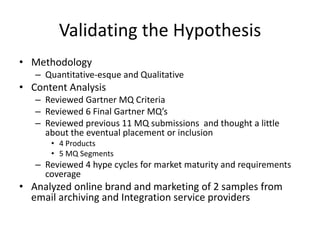 Validating the Hypothesis
• Methodology
– Quantitative-esque and Qualitative
• Content Analysis
– Reviewed Gartner MQ Criteria
– Reviewed 6 Final Gartner MQ’s
– Reviewed previous 11 MQ submissions and thought a little
about the eventual placement or inclusion
• 4 Products
• 5 MQ Segments
– Reviewed 4 hype cycles for market maturity and requirements
coverage
• Analyzed online brand and marketing of 2 samples from
email archiving and Integration service providers
 