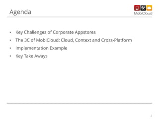 2
Agenda
• Key Challenges of Corporate Appstores
• The 3C of MobiCloud: Cloud, Context and Cross-Platform
• Implementation Example
• Key Take Aways
 