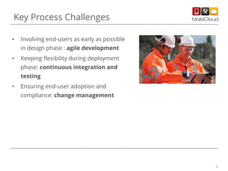 8
• Involving end-users as early as possible
in design phase : agile development
• Keeping flexibility during deployment
phase: continuous integration and
testing
• Ensuring end-user adoption and
compliance: change management
Key Process Challenges
 