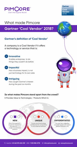 What made Pimcore
Gartner ‘Cool Vendor’ 2018?
Innovative
Enables enterprises to do
things they couldn't do before
01
Impactful
Has a business impact, is not
just technology for its own sake
02
Intriguing
Has caught Gartner’s interest
during the past six months
03
So what makes Pimcore stand apart from the crowd?
It Provides Value to Technologies / Products Which Is:
Data Management +
Customer Experience
Management in a
single, consolidated
platform.
NEW UNIQUE DIFFERENTIATED
Future-proof technology
architecture for connectivity
to any external software.
The only fully integrated
customer experience system
without software cost.
Gartner’s definition of ‘Cool Vendor’
A company is a Cool Vendor if it o ers
a technology or service that is:
Austria +43 662 876 606 230 USA +1 832 886 6730 info@pimcore.com www.pimcore.com
 