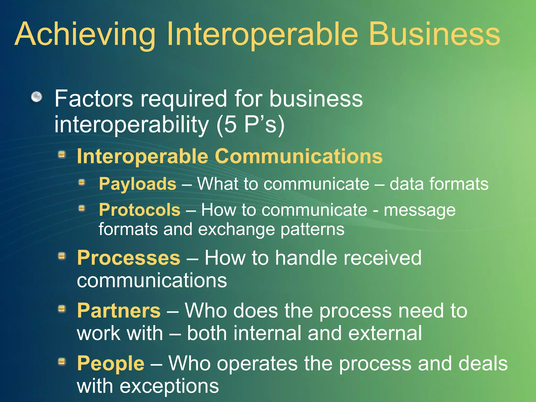 Achieving Interoperable Business Factors required for business interoperability (5 P’s) Interoperable Communications Payloads   – What to communicate – data formats Protocols   – How to communicate - message formats and exchange patterns Processes   – How to handle received communications Partners   – Who does the process need to work with – both internal and external People   – Who operates the process and deals with exceptions 