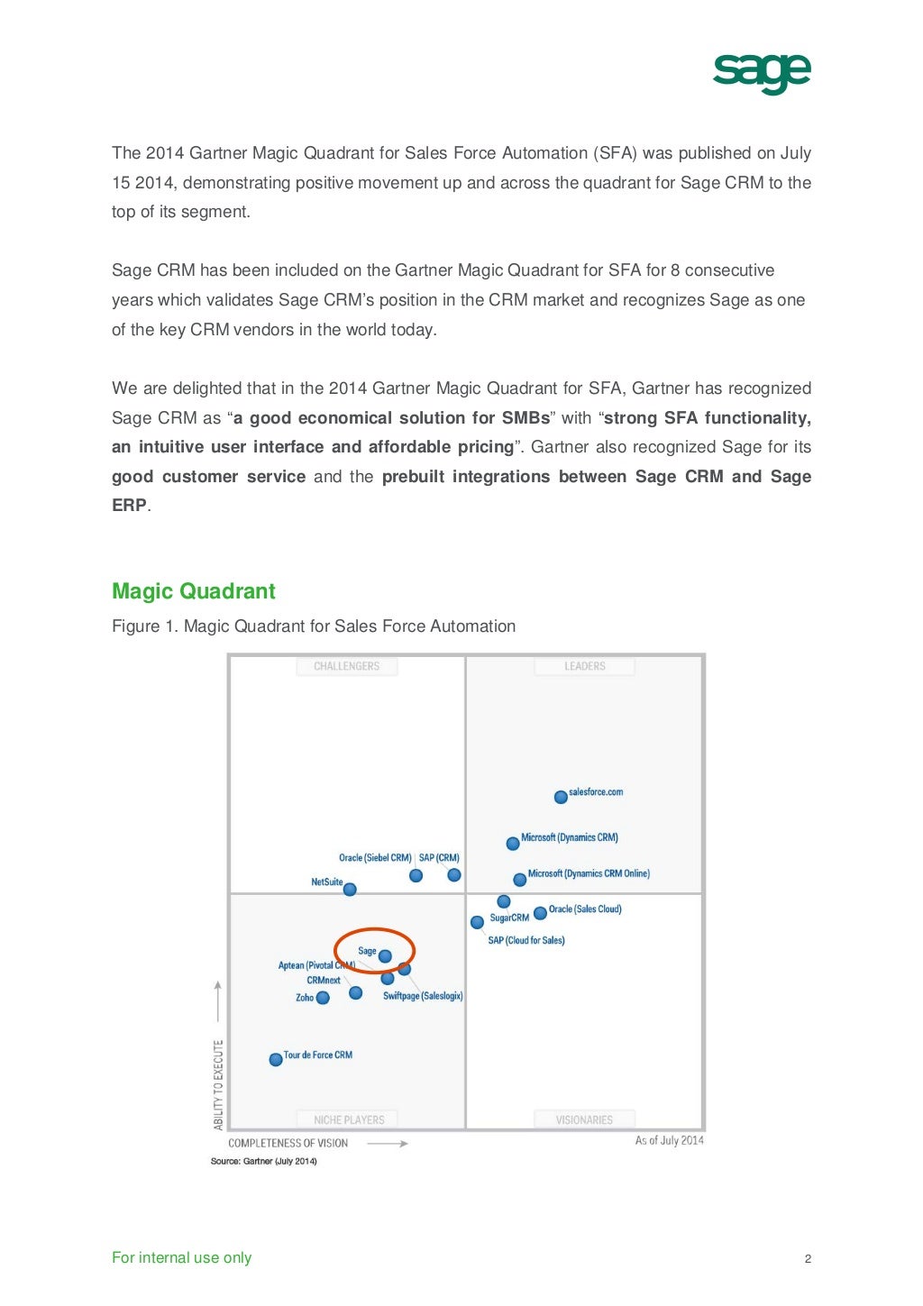 Sage CRM in Gartner Magic Quadrant for Sales Force Automation