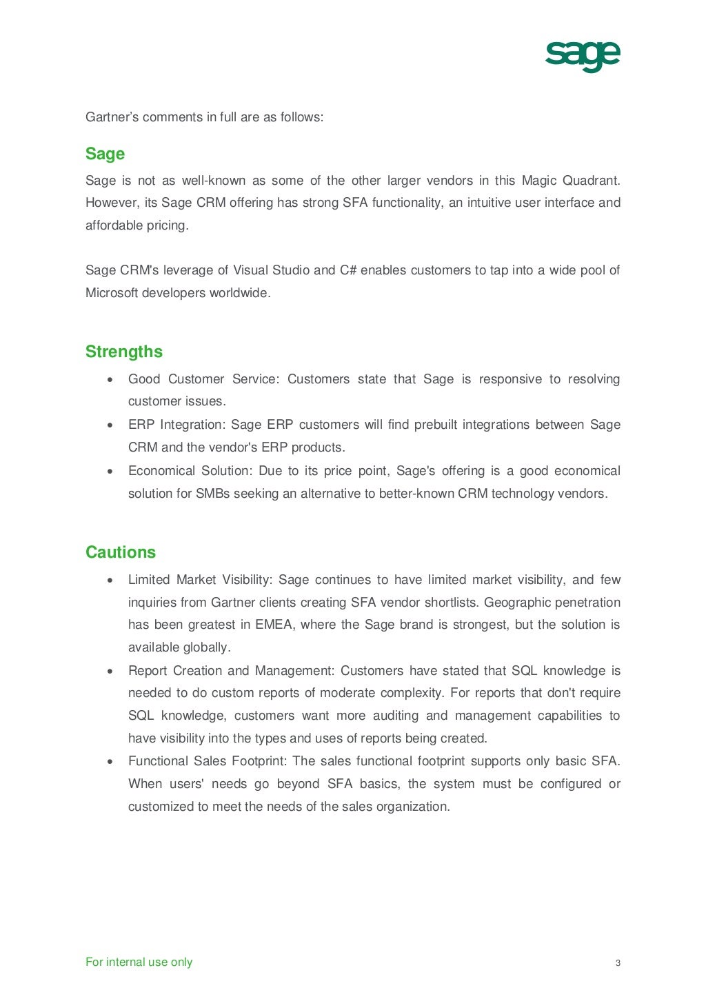 Sage CRM in Gartner Magic Quadrant for Sales Force Automation