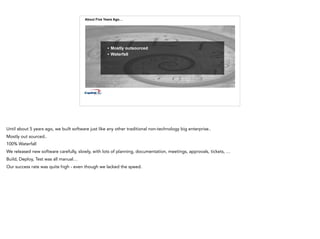 About Five Years Ago…
• Mostly outsourced
• Waterfall
Until about 5 years ago, we built software just like any other traditional non-technology big enterprise..
Mostly out sourced..
100% Waterfall
We released new software carefully, slowly, with lots of planning, documentation, meetings, approvals, tickets, …
Build, Deploy, Test was all manual…
Our success rate was quite high - even though we lacked the speed.
 