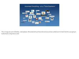 Automate Everything - a.k.a “Tools Explosion”
This is a huge pain point of DevOps - tools explosion. We started with just three tools and now we have a whole bunch of tools. And this is just going to
be like this for a long time to come!
 