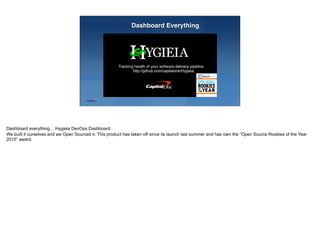 http://github.com/capitalone/Hygieia
Dashboard Everything
Dashboard everything… Hygieia DevOps Dashboard…
We built it ourselves and we Open Sourced it. This product has taken off since its launch last summer and has own the “Open Source Rookies of the Year
2015” award.
 