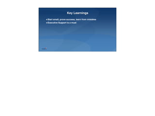 25
Key Learnings
Start small, prove success, learn from mistakes
Executive Support is a must
 