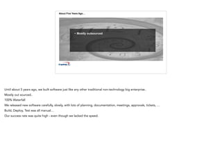 About Five Years Ago…
• Mostly outsourced
Until about 5 years ago, we built software just like any other traditional non-technology big enterprise..
Mostly out sourced..
100% Waterfall
We released new software carefully, slowly, with lots of planning, documentation, meetings, approvals, tickets, …
Build, Deploy, Test was all manual…
Our success rate was quite high - even though we lacked the speed.
 