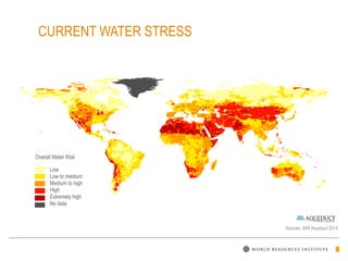 Sources: WRI Aqueduct 2014
Low
Low to medium
Medium to high
High
Extremely high
No data
Overall Water Risk
CURRENT WATER STRESS
 