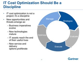 IT Cost Optimization Should Be a
Discipline
• IT cost optimization is not a
project; it's a discipline
• New opportunities and
threats emerge as:
- Business imperatives
evolve
- New technologies
mature
- IT assets reach the end
of their useful lives
- New service and
delivery
options proliferate
Our services constantly
evolve
with clients' changing
needs, but our focus on
results never changes
Evaluate
Strategize
Execute
Optimize
Manage
Strategize
21
 