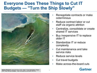 Everyone Does These Things to Cut IT
Budgets — "Turn the Ship Slowly"
• Renegotiate contracts or make
coterminous
• Reduce contract labor or cut
staff via organic attrition
• Centralize, consolidate or create
shared IT services
• Buy inexpensive IT to replace
older IT
• Standardize IT or reduce
complexity
• Cut maintenance and take
service risks
• Reduce service levels
• Cut travel budgets
• Make across-the-board cuts
7Gartner Research: During the Euro Crisis, Fight IT Cost Optimization Fatigue
With These Saving Strategies http://www.gartner.com/resId=1901914
 