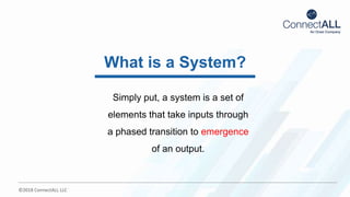 ©2018 ConnectALL LLC
What is a System?
Simply put, a system is a set of
elements that take inputs through
a phased transition to emergence
of an output.
 
