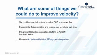 ©2018 ConnectALL LLC
What are some of things we
could do to improve velocity?
• We could reduce batch sizes from the PMO to improve flow
• Implement a QA automation and release tool to reduce wait time
• Integration tool with a integration platform to Amplify
feedback loops
• Remove No Value added time 390days with integration
 