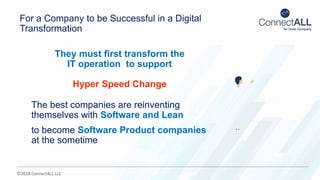 ©2018 ConnectALL LLC
For a Company to be Successful in a Digital
Transformation
They must first transform the
IT operation to support
Hyper Speed Change
The best companies are reinventing
themselves with Software and Lean
to become Software Product companies
at the sometime
 