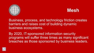 Mesh
Business, process, and technology friction creates
barriers and raises cost of building dynamic
business ecosystems.
By 2020, IT-sponsored information security
programs will suffer three times as many significant
breaches as those sponsored by business leaders.
 