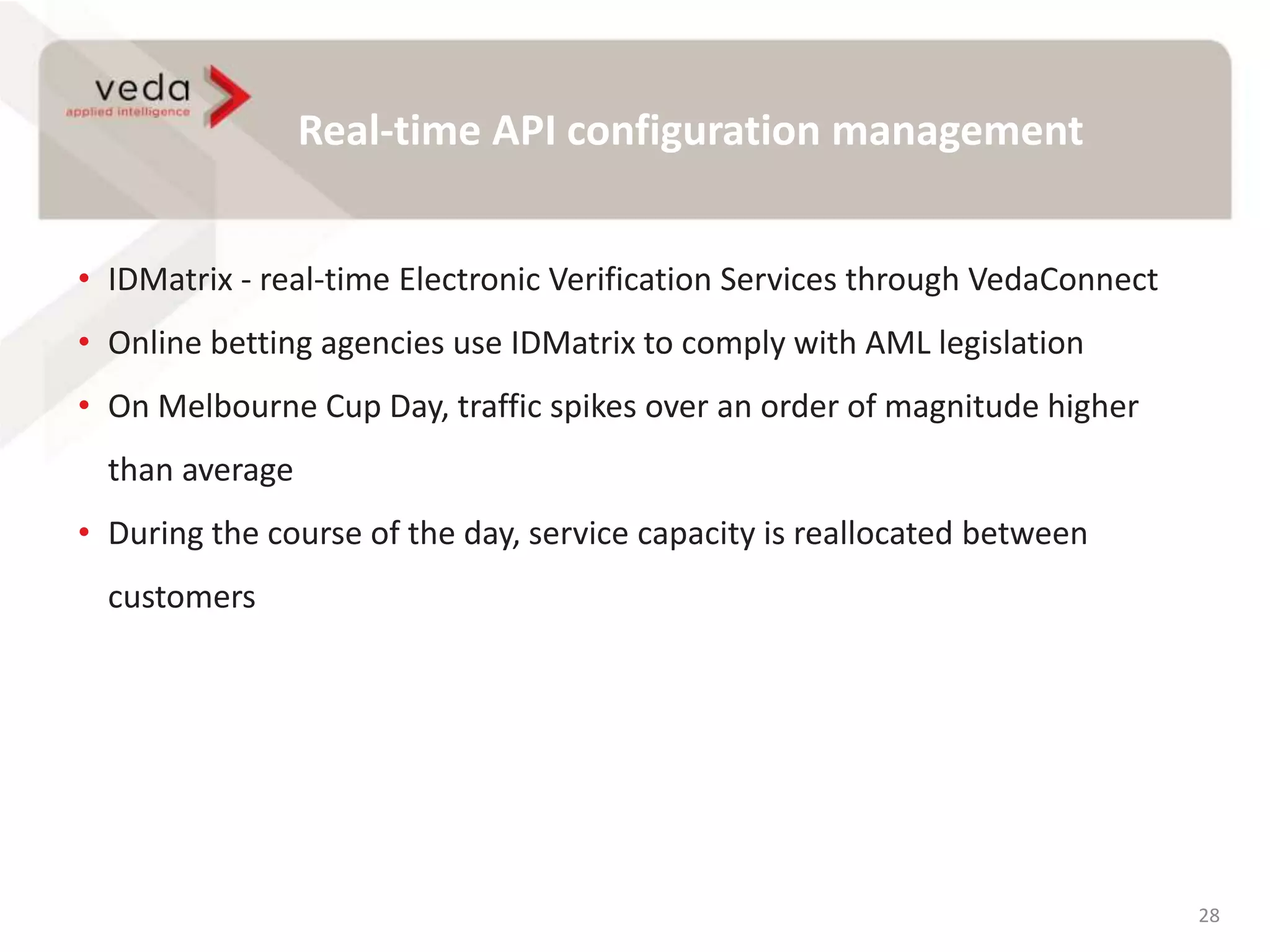 Real-time API configuration management
28
• IDMatrix - real-time Electronic Verification Services through VedaConnect
• Online betting agencies use IDMatrix to comply with AML legislation
• On Melbourne Cup Day, traffic spikes over an order of magnitude higher
than average
• During the course of the day, service capacity is reallocated between
customers
 