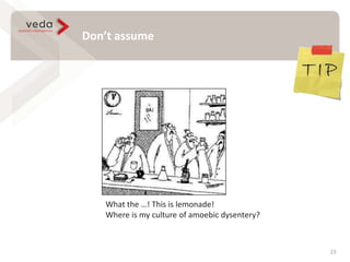 Don’t assume
23
What the …! This is lemonade!
Where is my culture of amoebic dysentery?
 