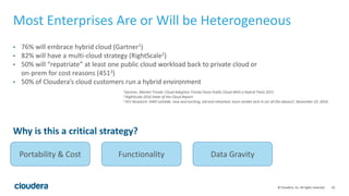 10© Cloudera, Inc. All rights reserved.
Most Enterprises Are or Will be Heterogeneous
• 76% will embrace hybrid cloud (Gartner1)
• 82% will have a multi-cloud strategy (RightScale2)
• 50% will “repatriate” at least one public cloud workload back to private cloud or
on-prem for cost reasons (4513)
• 50% of Cloudera’s cloud customers run a hybrid environment
1Gartner, Market Trends: Cloud Adoption Trends Favor Public Cloud With a Hybrid Twist 2015
2 RightScale 2016 State of the Cloud Report
3 451 Research: AWS Lambda: new and exciting, old and rehashed, more vendor lock-in (or all the above)?, November 22, 2016
Why is this a critical strategy?
Portability & Cost Functionality Data Gravity
 