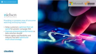 15© Cloudera, Inc. All rights reserved.
Providing a complete view of consumer
watching and buying habits
• Helps customers optimize their ad
spend for greater campaign ROI
• Improves processing performance as
data volumes double
• Boosts agility and flexibility and
reduces risk with hybrid and
multi-cloud strategy
CUSTOMER 360
 