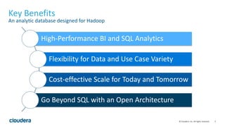 5© Cloudera, Inc. All rights reserved.
Key Benefits
An analytic database designed for Hadoop
High-Performance BI and SQL Analytics
Flexibility for Data and Use Case Variety
Cost-effective Scale for Today and Tomorrow
Go Beyond SQL with an Open Architecture
 