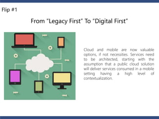 Cloud and mobile are now valuable 
options, if not necessities. Services need 
to be architected, starting with the 
assumption that a public cloud solution 
will deliver services consumed in a mobile 
setting having a high level of 
contextualization. 
Flip #1 
From “Legacy First” To “Digital First” 
 