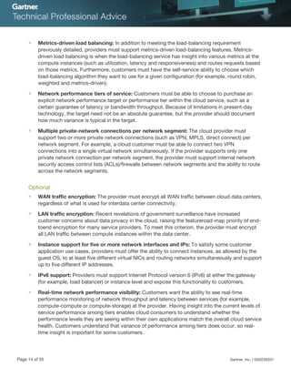 ■ Metrics-driven load balancing: In addition to meeting the load-balancing requirement
previously detailed, providers must support metrics-driven load-balancing features. Metrics-
driven load balancing is when the load-balancing service has insight into various metrics at the
compute instances (such as utilization, latency and responsiveness) and routes requests based
on those metrics. Furthermore, customers must have the self-service ability to choose which
load-balancing algorithm they want to use for a given configuration (for example, round robin,
weighted and metrics-driven).
■ Network performance tiers of service: Customers must be able to choose to purchase an
explicit network performance target or performance tier within the cloud service, such as a
certain guarantee of latency or bandwidth throughput. Because of limitations in present-day
technology, the target need not be an absolute guarantee, but the provider should document
how much variance is typical in the target.
■ Multiple private-network connections per network segment: The cloud provider must
support two or more private network connections (such as VPN, MPLS, direct connect) per
network segment. For example, a cloud customer must be able to connect two VPN
connections into a single virtual network simultaneously. If the provider supports only one
private network connection per network segment, the provider must support internal network
security access control lists (ACLs)/firewalls between network segments and the ability to route
across the network segments.
Optional
■ WAN traffic encryption: The provider must encrypt all WAN traffic between cloud data centers,
regardless of what is used for interdata center connectivity.
■ LAN traffic encryption: Recent revelations of government surveillance have increased
customer concerns about data privacy in the cloud, raising the featureroad-map priority of end-
toend encryption for many service providers. To meet this criterion, the provider must encrypt
all LAN traffic between compute instances within the data center.
■ Instance support for five or more network interfaces and IPs: To satisfy some customer
application use cases, providers must offer the ability to connect instances, as allowed by the
guest OS, to at least five different virtual NICs and routing networks simultaneously and support
up to five different IP addresses.
■ IPv6 support: Providers must support Internet Protocol version 6 (IPv6) at either the gateway
(for example, load balancer) or instance level and expose this functionality to customers.
■ Real-time network performance visibility: Customers want the ability to see real-time
performance monitoring of network throughput and latency between services (for example,
compute-compute or compute-storage) at the provider. Having insight into the current levels of
service performance among tiers enables cloud consumers to understand whether the
performance levels they are seeing within their own applications match the overall cloud service
health. Customers understand that variance of performance among tiers does occur, so real-
time insight is important for some customers.
Page 14 of 35 Gartner, Inc. | G00259331
 