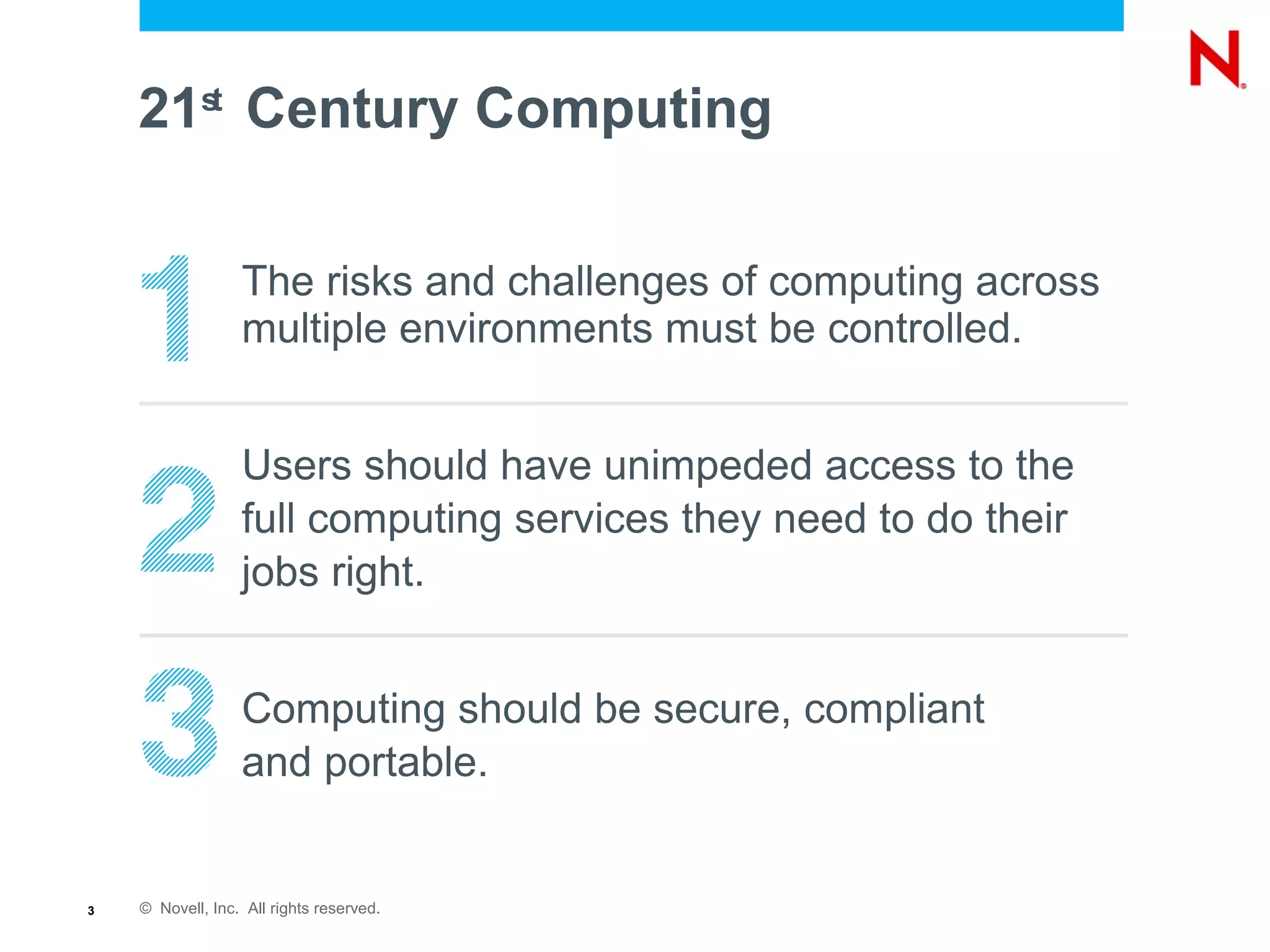 © Novell, Inc. All rights reserved.3
21st
Century Computing
The risks and challenges of computing across
multiple environments must be controlled.
Users should have unimpeded access to the
full computing services they need to do their
jobs right.
Computing should be secure, compliant
and portable.
 