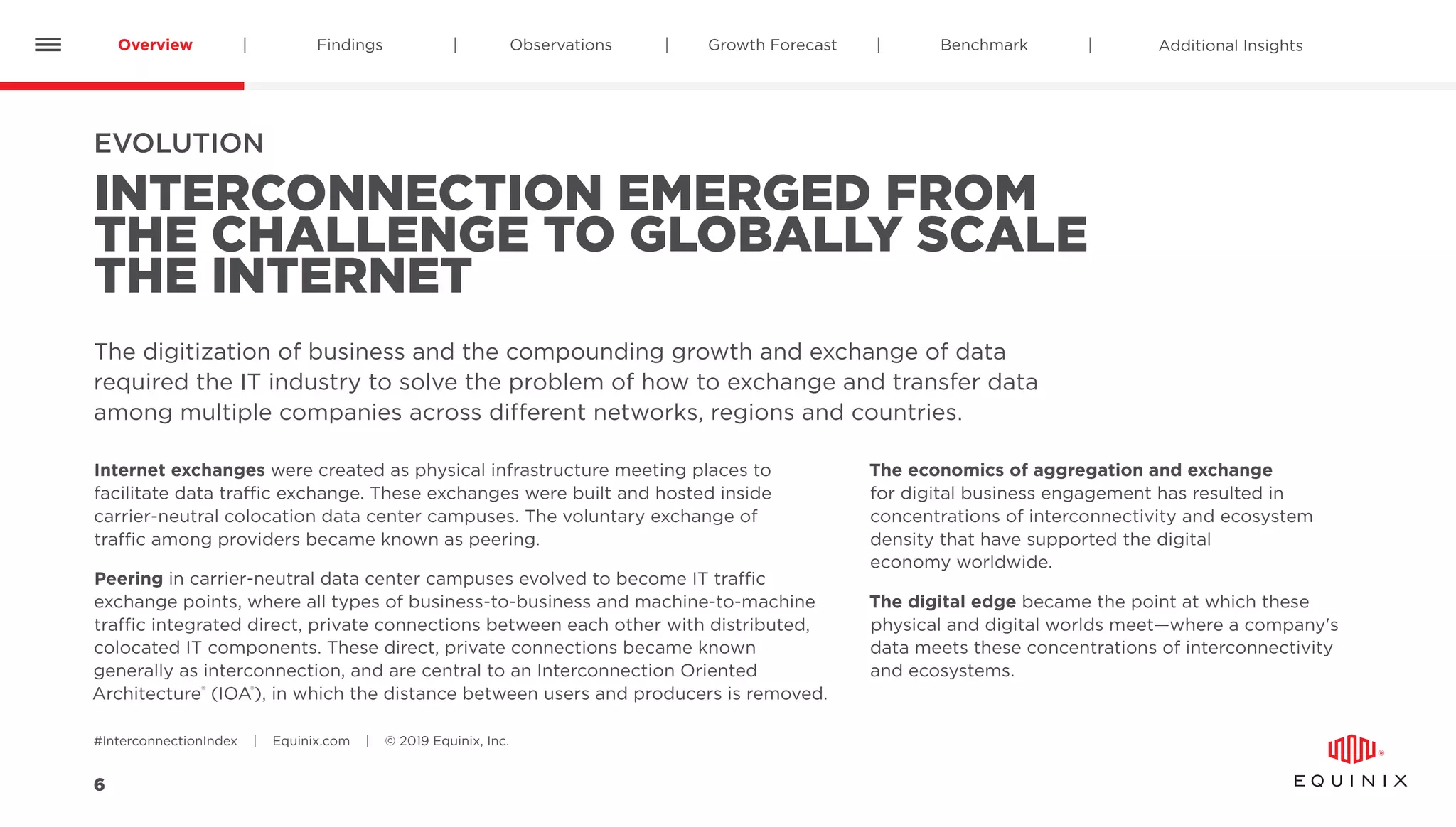 Overview Findings Observations Benchmark Additional InsightsGrowth Forecast
#InterconnectionIndex | Equinix.com | © 2019 Equinix, Inc.
6
EVOLUTION
INTERCONNECTION EMERGED FROM
THE CHALLENGE TO GLOBALLY SCALE
THE INTERNET
Internet exchanges were created as physical infrastructure meeting places to
facilitate data traffic exchange. These exchanges were built and hosted inside
carrier-neutral colocation data center campuses. The voluntary exchange of
traffic among providers became known as peering.
Peering in carrier-neutral data center campuses evolved to become IT traffic
exchange points, where all types of business-to-business and machine-to-machine
traffic integrated direct, private connections between each other with distributed,
colocated IT components. These direct, private connections became known
generally as interconnection, and are central to an Interconnection Oriented
Architecture®
(IOA®
), in which the distance between users and producers is removed.
The economics of aggregation and exchange
for digital business engagement has resulted in
concentrations of interconnectivity and ecosystem
density that have supported the digital
economy worldwide.
The digital edge became the point at which these
physical and digital worlds meet—where a company's
data meets these concentrations of interconnectivity
and ecosystems.
The digitization of business and the compounding growth and exchange of data
required the IT industry to solve the problem of how to exchange and transfer data
among multiple companies across different networks, regions and countries.
 