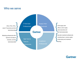 Who we serve Chief supply chain  officers, senior supply  chain executives and  their teams/associates Buy-side investment professionals including those in venture capital, private equity and investment banking CIOs, CTOs, CFOs,  senior IT executives and their teams/associates Marketing professionals within high-tech and telecom industries, and their teams/associates IT End-User Professionals Supply Chain Professionals Investment Professionals High-Tech & Telecom Professionals 