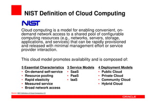 NIST Definition of Cloud Computing

             Cloud computing is a model for enabling convenient, on-
             demand network access to a shared pool of configurable
             computing resources (e.g., networks, servers, storage,
             applications, and services) that can be rapidly provisioned
             and released with minimal management effort or service
             provider interaction.

             This cloud model promotes availability and is composed of:
             5 Essential Characteristics         3 Service Models   4 Deployment Models
             • On-demand self-service            • SaaS             • Public Cloud
             • Resource pooling                  • PaaS             • Private Cloud
             • Rapid elasticity                  • IaaS             • Community Cloud
             • Measured service                                     • Hybrid Cloud
             • Broad network access
Source: NIST Definition of Cloud Computing v15
 