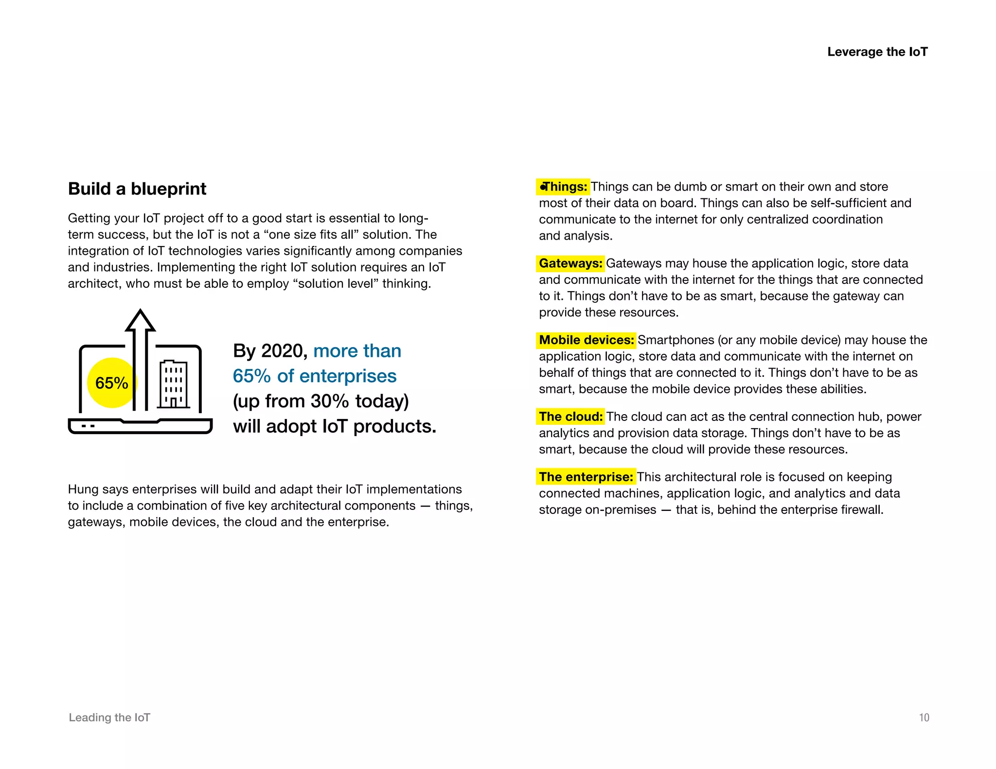 Leading the IoT 10
Build a blueprint
Getting your IoT project off to a good start is essential to long-
term success, but the IoT is not a “one size fits all” solution. The
integration of IoT technologies varies significantly among companies
and industries. Implementing the right IoT solution requires an IoT
architect, who must be able to employ “solution level” thinking.
●Things: Things can be dumb or smart on their own and store
most of their data on board. Things can also be self-sufficient and
communicate to the internet for only centralized coordination
and analysis.
Gateways: Gateways may house the application logic, store data
and communicate with the internet for the things that are connected
to it. Things don’t have to be as smart, because the gateway can
provide these resources.
Mobile devices: Smartphones (or any mobile device) may house the
application logic, store data and communicate with the internet on
behalf of things that are connected to it. Things don’t have to be as
smart, because the mobile device provides these abilities.
The cloud: The cloud can act as the central connection hub, power
analytics and provision data storage. Things don’t have to be as
smart, because the cloud will provide these resources.
The enterprise: This architectural role is focused on keeping
connected machines, application logic, and analytics and data
storage on-premises — that is, behind the enterprise firewall.
By 2020, more than
65% of enterprises
(up from 30% today)
will adopt IoT products.
65%
Hung says enterprises will build and adapt their IoT implementations
to include a combination of five key architectural components — things,
gateways, mobile devices, the cloud and the enterprise.
Leverage the IoT
 