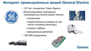 10
Интернет промышленных вещей General Electric
• 137 лет. основатель Томас Эдисон
• Многоотраслевая корпорация
производитель многих видов техники:
• локомотивы
• энергетические установки (в том
числе и атомные реакторы)
• газовые турбины
• авиационные двигатели
• 300 000 сотрудников
 