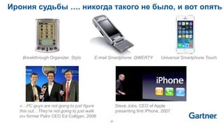 37
Ирония судьбы …. никогда такого не было, и вот опять
Steve Jobs, CEO of Apple
presenting first iPhone, 2007
Breakthrough Organizer. Stylo E-mail Smartphone. QWERTY Universal Smartphone.Touch
«…PC guys are not going to just figure
this out…They’re not going to just walk
in» former Palm CEO Ed Colligan, 2006
 