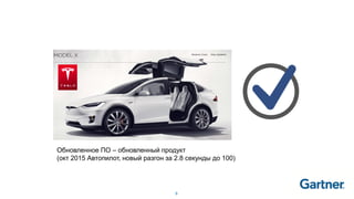 9
Вы может обновить себе авто
из Интернета?
Обновленное ПО – обновленный продукт
(окт 2015 Автопилот, новый разгон за 2.8 секунды до 100)
 