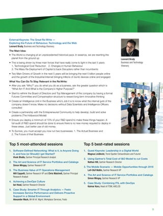 5
External Keynote: The Great Re-Write —
Exploring the Future of Behaviour, Technology and the Web
Leonard Brody, Business and Technology Visionary
The Main Idea:
•	 The World is changing at an unprecedented historical pace. In essence, we are rewriting the
planet from the ground up
•	 This is being driven by three main forces that have really come to light in the last 5 years:
1. Technological Cost Reduction  2. Changes in Human Behaviour 
3. The Mass Re-Deployment of Capital to back Disrupters rather than incumbents
•	 Two Main Drivers of Growth in the next 5 years will be bringing the next 5 billion people online
and the growth of the Industrial Internet bringing trillions of dumb devices online and engaged
What You Can Do To Stay Relevant in the Re:Write:
•	 After you ask “Why?” you do what you do as a business, ask the greater question which is
“What Am I? And What is the Company’s Higher Purpose?”
•	 Start to rethink the Board of Directors and Top Management of the company by having a formal
Futures Committee and Compensation structure to reward long term innovative thinking
•	 Create an Intelligence Unit in the Business who’s Job it is to know what the internal guts of the
company doesn’t know. Make no decisions without Data Scientists and Intelligence Officers
consulted
•	 Create a partnership with the Entrepreneurial Community to help develop, build and solve
problems (The Hollywood Model)
•	 Ensure you deploy a minimum of 10% of your RD spend to make these things happen. A
full audit of RD spend should be done to ensure there is no new money required to deploy in
these areas. Just better use of old money
•	 To Survive, you must accept you now run two businesses: 1. The Actual Business and
2. The Future of that Business
Leonard Brody
Business and Technology
Visionary
Top 5 most-attended sessions
1.	 Software-Defined Networking: What is it, is Anyone Doing
it, and how (or Should) I get Started?
Vivek Bhalla, Gartner Principal Research Analyst
2.	 The Art and Science of IT Service Portfolios and Catalogs
Simon Mingay, Gartner Research VP
3.	 The Business Value of IT Operations Management
Will Cappelli, Gartner Research VP and Chris Matchett, Gartner Principal
Research Analyst
4.	 Achieving a DevOps Culture
Ian Head, Gartner Research Director
5.	 Case Study: Smarter IT Through Analytics — Festo
Increases Service Performance and Delivers Proactive
Support in a Global Environment
Alexander Mack, IM-W Inf. Mgmt. Workplace Services, Festo
Top 5 best-rated sessions
1.	 Guest Keynote: Leadership in a Digital World
Magnus Lindkvist, Trend Spotter Extraordinaire and Futurist
2.	 Using Gartner’s Total Cost of IO Model to cut Costs
Nathan Hill, Gartner Research Director
3. The Mobile Scenario — Mobile Opportunities through 2018
Leif-Olof Wallin, Gartner Research VP
4.	 The Art and Science of IT Service Portfolios and Catalogs
Simon Mingay, Gartner Research VP
5.	 Case Study: Combining ITIL with DevOps
Kaimar Karu, Head of ITSM, AXELOS
 