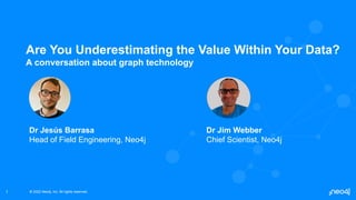 © 2022 Neo4j, Inc. All rights reserved.
© 2022 Neo4j, Inc. All rights reserved.
1
Are You Underestimating the Value Within Your Data?
A conversation about graph technology
Dr Jesús Barrasa
Head of Field Engineering, Neo4j
Dr Jim Webber
Chief Scientist, Neo4j
 