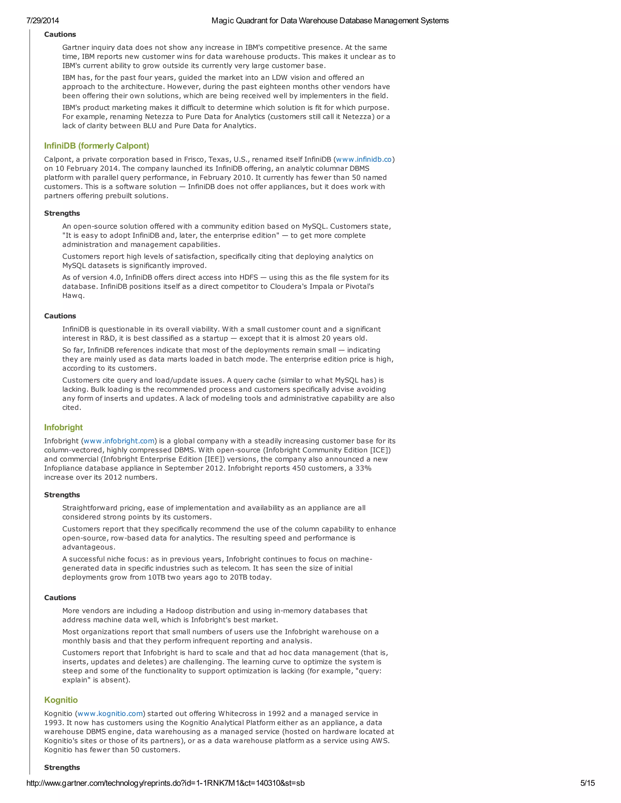 Gartner magic quadrant for data warehouse database management systems | PDF