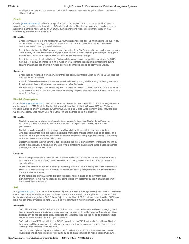 Gartner magic quadrant for data warehouse database management systems