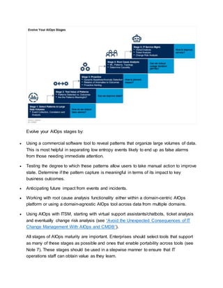 Evolve your AIOps stages by:
 Using a commercial software tool to reveal patterns that organize large volumes of data.
This is most helpful in separating low entropy events likely to end up as false alarms
from those needing immediate attention.
 Testing the degree to which these patterns allow users to take manual action to improve
state. Determine if the pattern capture is meaningful in terms of its impact to key
business outcomes.
 Anticipating future impact from events and incidents.
 Working with root cause analysis functionality either within a domain-centric AIOps
platform or using a domain-agnostic AIOps tool across data from multiple domains.
 Using AIOps with ITSM, starting with virtual support assistants/chatbots, ticket analysis
and eventually change risk analysis (see “Avoid the Unexpected Consequences of IT
Change Management With AIOps and CMDB”).
All stages of AIOps maturity are important. Enterprises should select tools that support
as many of these stages as possible and ones that enable portability across tools (see
Note 7). These stages should be used in a stepwise manner to ensure that IT
operations staff can obtain value as they learn.
 