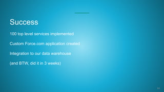 34
Success
100 top level services implemented
Custom Force.com application created
Integration to our data warehouse
(and BTW, did it in 3 weeks)
 
