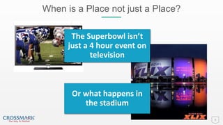 When is a Place not just a Place?
9
The Superbowl isn’t
just a 4 hour event on
television
Or what happens in
the stadium
 