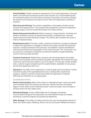 This research note is restricted to the personal use of manuelvellutini@tagetik.com
This research note is restricted to the personal use of manuelvellutini@tagetik.com
Overall Viability: Viability includes an assessment of the overall organization's financial
health, the financial and practical success of the business unit, and the likelihood that
the individual business unit will continue investing in the product, will continue offering
the product and will advance the state of the art within the organization's portfolio of
products.
Sales Execution/Pricing: The vendor's capabilities in all presales activities and the
structure that supports them. This includes deal management, pricing and negotiation,
presales support, and the overall effectiveness of the sales channel.
Market Responsiveness/Record: Ability to respond, change direction, be flexible and
achieve competitive success as opportunities develop, competitors act, customer
needs evolve and market dynamics change. This criterion also considers the vendor's
history of responsiveness.
Marketing Execution: The clarity, quality, creativity and efficacy of programs designed
to deliver the organization's message to influence the market, promote the brand and
business, increase awareness of the products, and establish a positive identification
with the product/brand and organization in the minds of buyers. This "mind share" can
be driven by a combination of publicity, promotional initiatives, thought leadership,
word of mouth and sales activities.
Customer Experience: Relationships, products and services/programs that enable
clients to be successful with the products evaluated. Specifically, this includes the ways
customers receive technical support or account support. This can also include ancillary
tools, customer support programs (and the quality thereof), availability of user groups,
service-level agreements and so on.
Operations: The ability of the organization to meet its goals and commitments. Factors
include the quality of the organizational structure, including skills, experiences,
programs, systems and other vehicles that enable the organization to operate
effectively and efficiently on an ongoing basis.
Completeness of Vision
Market Understanding: Ability of the vendor to understand buyers' wants and needs
and to translate those into products and services. Vendors that show the highest
degree of vision listen to and understand buyers' wants and needs, and can shape or
enhance those with their added vision.
Marketing Strategy: A clear, differentiated set of messages consistently
communicated throughout the organization and externalized through the website,
advertising, customer programs and positioning statements.
Sales Strategy: The strategy for selling products that uses the appropriate network of
direct and indirect sales, marketing, service, and communication affiliates that extend
Gartner, Inc. | G00263406 Page 33 of 35
 