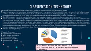 We use the Anonymous Longitudinal Patient(APLD) dataset in order to perform the classification models.
●Features description: We identify the 16 types of drugs that are mainly used for Rheumatoid(RA) and Psoriatic arthritis(PsA) and create
a column for each one of them.We also include 16 symptoms in accordance to the 16 type of drugs and finally using these features as
our independent variables we try to predict the dependent variable i.e whether a patient is suffering from RA or PsA.
●EDA- EDA was done in order to assess whether there was any class imbalance problem and actions were taken to remove it
●Feature engineering- The training and testing data was divided in 70-30 proportion. Various modelling techniques were used to arrive at
the best possible outcome.The laboratory testing data was already available for all the patients and the predictions done by the model in
the test data was matched with the lab data in order to train the model. Once the best model was chosen it became clear the instances
where misclassification was taking place due to the prescribed medicines by the physicians. The Medical Representatives were instructed
to avoid those physicians and accordingly cut cost and also the time.On the other hand this modelling technique was performed for
different geographies to understand more about the misclassification of arthritis drugs in those places
●Different modelling techniques-
Logistic Regression
Support Vector Classification
Naïve Bayes Classification
K Nearest Neighbour
Decision Tree Classifier-
Random Forest Classifier
CLASSIFICATION TECHNIQUES
MOST EFFECTIVE ML MODELS USED FOR
MISCLASSIFICATION OF ARTHRITIS BY PHARMA
COMPANIES
 