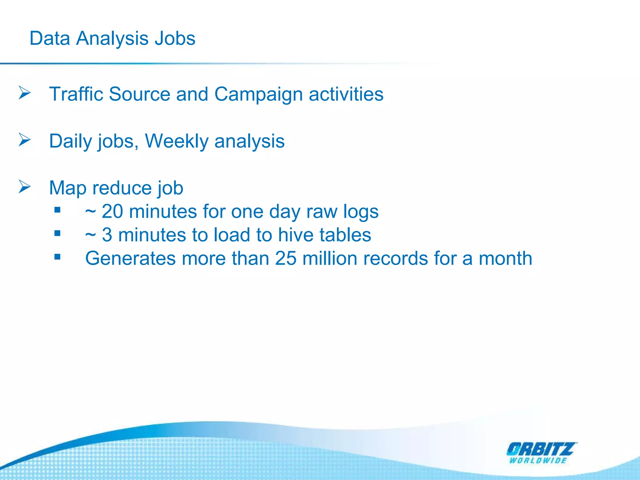 Data Analysis Jobs Traffic Source and Campaign activities Daily jobs, Weekly analysis Map reduce job ~ 20 minutes for one day raw logs ~ 3 minutes to load to hive tables Generates more than 25 million records for a month 