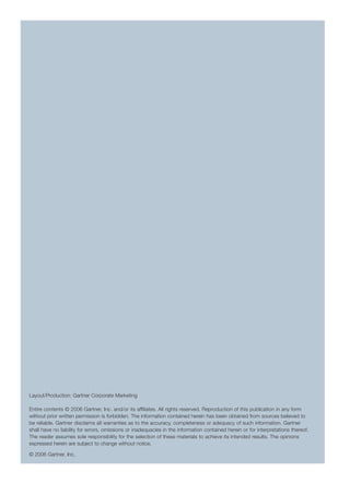 Further reading
                                                                                                                                    Gartner EXP reports                                Eglund, R., Graham, R. and Dinsmore, P.,
                                                                                                                                                                                       Creating the Project Office: A Manager’s
                                                                                                                                    Aron, D., Tucker, C. and Hunter, R., Show Me       Guide to Leading Organizational Change,
                                                                                                                                    the Money: Advanced Practices in Benefits          San Francisco, CA: Jossey-Bass, 2003
                                                                                                                                    Realization, Gartner EXP CIO Signature Report,
                                                                                                                                    December 2005                                      Jeffery, M. and Leliveld, I., “Best Practices in IT
                                                                                                                                                                                       Portfolio Management,” MIT Sloan Management
                                                                                                                                    Tucker, C. and Rowsell-Jones, A., Getting          Review, Spring 2004
                                                                                                                                    Priorities Straight, Gartner EXP Premier Report,
                                                                                                                                    September 2002                                     Maizlish, B. and Handler, R., IT Portfolio
                                                                                                                                                                                       Management Step-by-Step: Unlocking the
                                                                                                                                    Tucker, C. and Woolfe, R., Building Brilliant      Business Value of Technology, Hoboken, NJ:
                                                                                                                                    Business Cases, Gartner EXP Premier Report,        John Wiley & Sons, Inc., 2005
                                                                                                                                    January 2004
                                                                                                                                                                                       Pennypacker, J. S., PM Solutions’ Project
                                                                                                                                                                                       Portfolio Management Maturity Model,
                                                                                                                                    Core research                                      Havertown, PA: Center for Business
                                                                                                                                                                                       Practices, 2005
                                                                                                                                    Light, M. and Stang, D., “Magic Quadrant for
                                                                                                                                    IT Project and Portfolio Management—2005,”         Project Management Institute, A Guide to the
                                                                                                                                    G00129208, June 22, 2005                           Project Management Body of Knowledge,
                                                                                                                                                                                       Newton Square, PA: PMI Publications, 2004
                                                                                                                                    Light, M., Rosser, B. and Hayward, S.,
                                                                                                                                    “Realizing the Benefits of Project and Portfolio   Rad, P. F. and Levin, G., The Advanced Project
                                                                                                                                    Management,” G00125673, January 4, 2005            Management Office, Boca Raton, FL: St. Lucie
                                                                                                                                                                                       Press, 2002
                                                                                                                                    Light, M., Hotle, M., Stang, D. and Heine, J.,
                                                                                                                                    “Project Management Office: The IT Control
                                                                                                                                    Tower,” G00132836, November 22, 2005               Web sites
                                                                                                                                                                                       Project Management Institute, www.pmi.org
                                                                                                                                    Books and other publications
                                                                                                                                                                                       The Online Community for IT Project Managers,
Layout/Production: Gartner Corporate Marketing                                                                                      Crawford, J. K., The Strategic Project Office: A   www.gantthead.com
                                                                                                                                    Guide to Improving Organizational Performance,
Entire contents © 2006 Gartner, Inc. and/or its affiliates. All rights reserved. Reproduction of this publication in any form
                                                                                                                                    New York, NY: Marcel Dekker, Inc., 2002
without prior written permission is forbidden. The information contained herein has been obtained from sources believed to
be reliable. Gartner disclaims all warranties as to the accuracy, completeness or adequacy of such information. Gartner
shall have no liability for errors, omissions or inadequacies in the information contained herein or for interpretations thereof.
The reader assumes sole responsibility for the selection of these materials to achieve its intended results. The opinions
expressed herein are subject to change without notice.

© 2006 Gartner, Inc.

                                                                                                                                    Taking Your PMO to the Next Stage                                                                        67
 