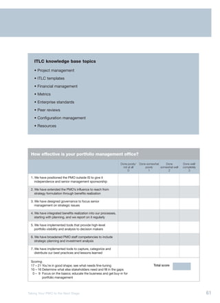 ITLC knowledge base topics

    • Project management

    • ITLC templates

    • Financial management

    • Metrics

    • Enterprise standards

    • Peer reviews

    • Configuration management

    • Resources




  How effective is your portfolio management office?

                                                                  Done poorly/   Done somewhat    Done         Done well/
                                                                    not at all       poorly    somewhat well   completely
                                                                       0               1            2             3

 1. We have positioned the PMO outside IS to give it
    independence and senior management sponsorship

 2. We have extended the PMO’s influence to reach from
    strategy formulation through benefits realization

 3. We have designed governance to focus senior
    management on strategic issues

 4. We have integrated benefits realization into our processes,
    starting with planning, and we report on it regularly

 5. We have implemented tools that provide high-level
    portfolio visibility and analysis to decision makers

 6. We have broadened PMO staff competencies to include
    strategic planning and investment analysis

 7. We have implemented tools to capture, categorize and
    distribute our best practices and lessons learned

 Scoring:
 17 – 21 You’re in good shape; see what needs fine-tuning                                 Total score
 10 – 16 Determine what else stakeholders need and fill in the gaps
  0 – 9 Focus on the basics; educate the business and get buy-in for
         portfolio management



Taking Your PMO to the Next Stage                                                                                           61
 
