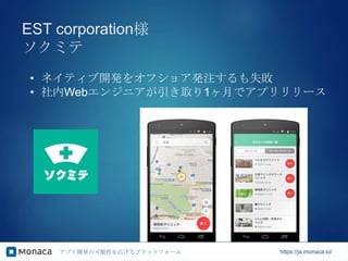 アプリ開発の可能性を広げるプラットフォーム https://ja.monaca.io/
EST corporation様
ソクミテ
• ネイティブ開発をオフショア発注するも失敗
• 社内Webエンジニアが引き取り1ヶ月でアプリリリース
 