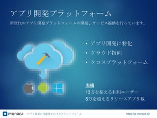 アプリ開発の可能性を広げるプラットフォーム https://ja.monaca.io/
アプリ開発プラットフォーム
新世代のアプリ開発プラットフォームの開発、サービス提供を行っています。
• アプリ開発に特化
• クラウド指向
• クロスプラットフォーム
実績
13万を超える利用ユーザー
6万を超えるリリースアプリ数
 