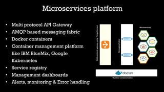 Microservices platform
• Multi protocol API Gateway
• AMQP based messaging fabric
• Docker containers
• Container management platform
like IBM BlueMix, Google
Kubernetes
• Service registry
• Management dashboards
• Alerts, monitoring & Error handling
 